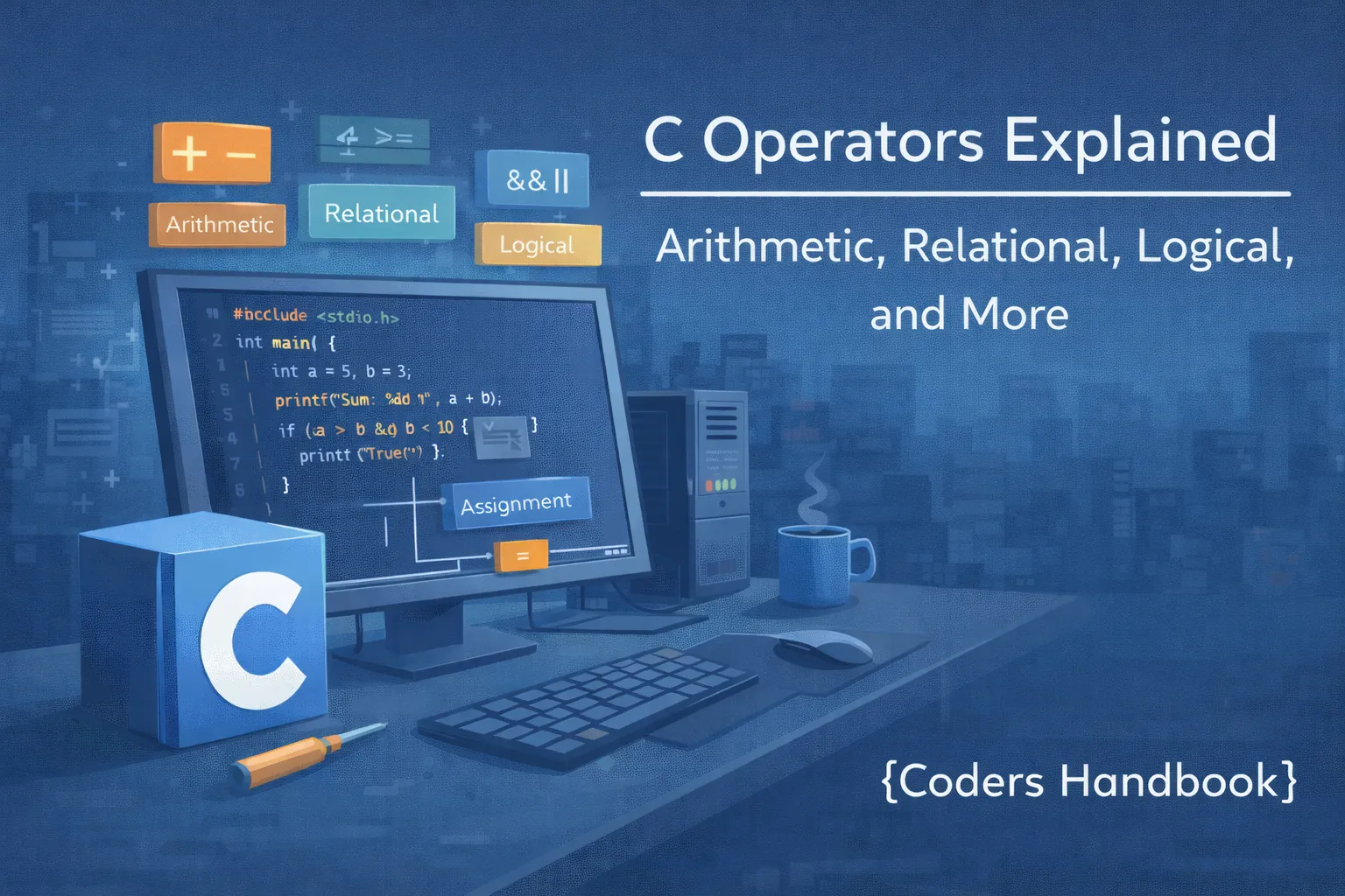 Complete guide to C operators: arithmetic, relational, logical, bitwise, and more. Master operator precedence and associativity.